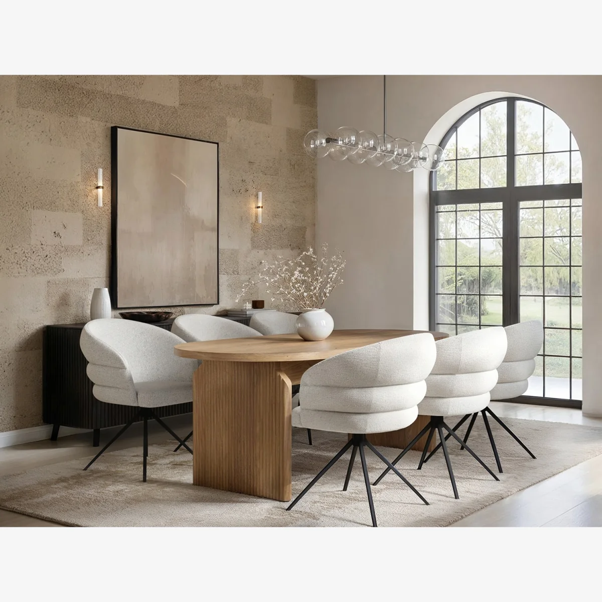 Varm Wooden Ribbed Dining Table with 6 Eira Chairs Set - Brown + Cream