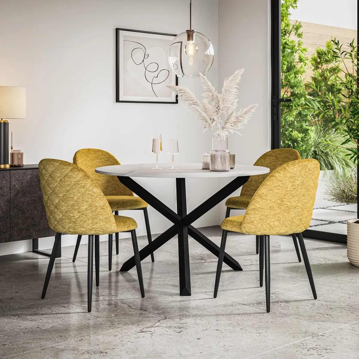 Malvern Marble Effect Top Round Dining Table & 4 Raye Velvet Chairs - Mustard – image 1