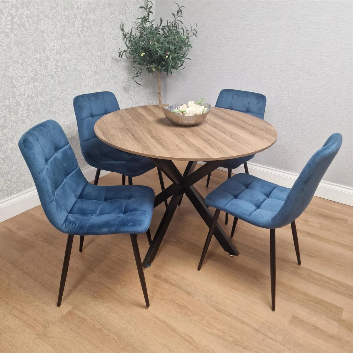 4 Seater Round Dining Table with Metal X Shaped Legs & 4 Blue Velvet Chairs for Dining Room Set - Blue – image 2