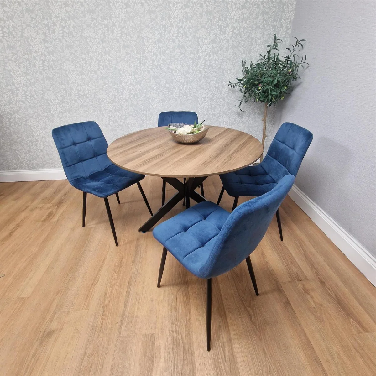 4 Seater Round Dining Table with Metal X Shaped Legs & 4 Blue Velvet Chairs for Dining Room Set - Blue – image 3