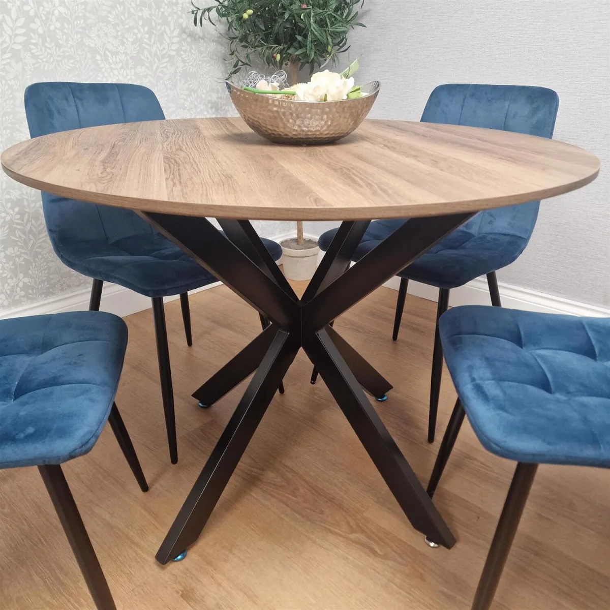 4 Seater Round Dining Table with Metal X Shaped Legs & 4 Blue Velvet Chairs for Dining Room Set - Blue – image 4