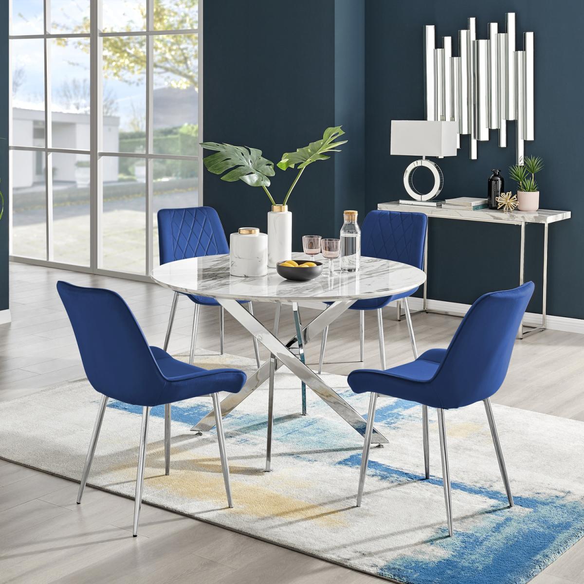 Novara White Marble Effect 120cm Dining Table 4 Pesaro Silver Chairs - Navy – image 1