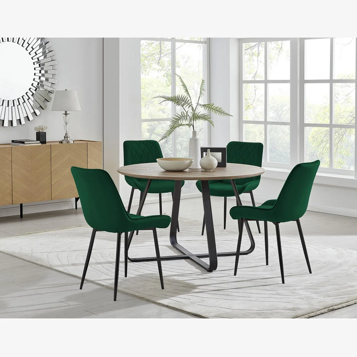 Santorini Brown Round Dining Table with 4 Pesaro Black Leg Chairs - Green – image 1