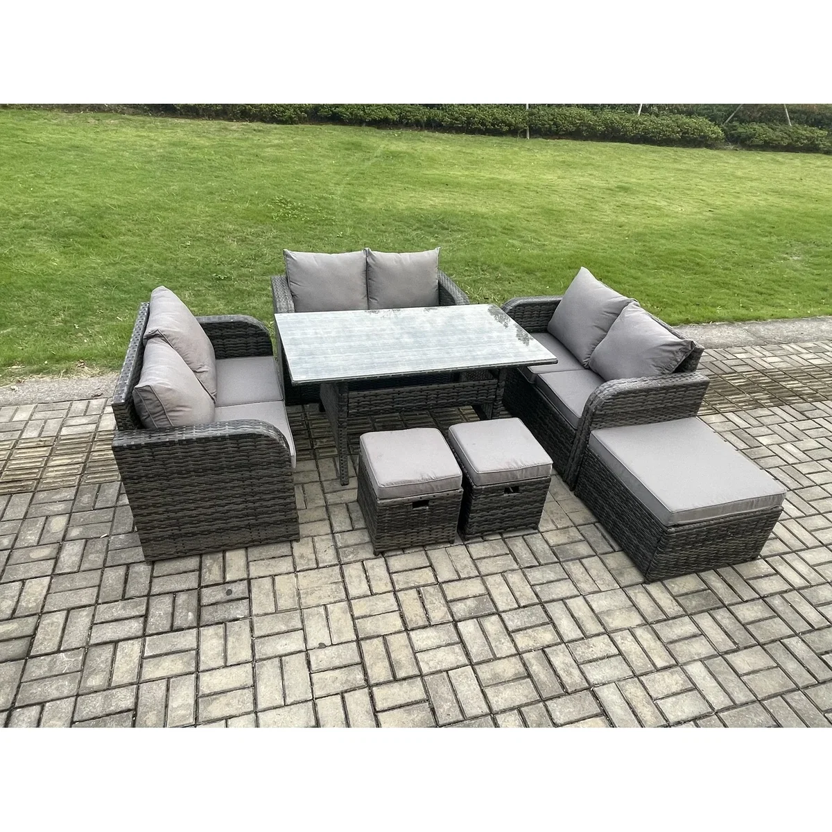 Fimous 9-Seater Rattan Love Sofa Dining Set with 3 Footstools - Dark Grey – image 3
