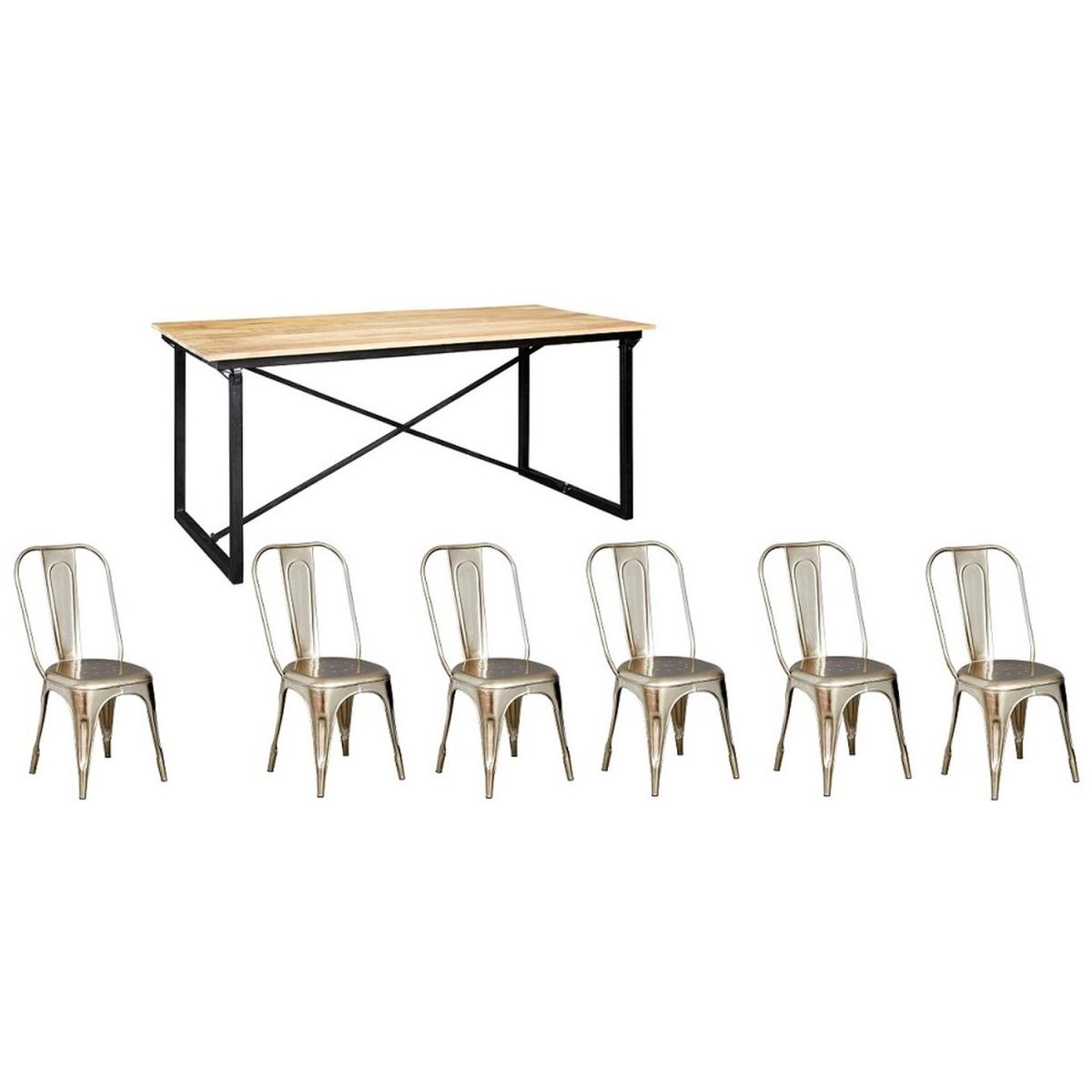 Mintis Upcycled Industrial Seater Dining Table Set with 6 Metal Silver Chairs - Light Wood – image 4