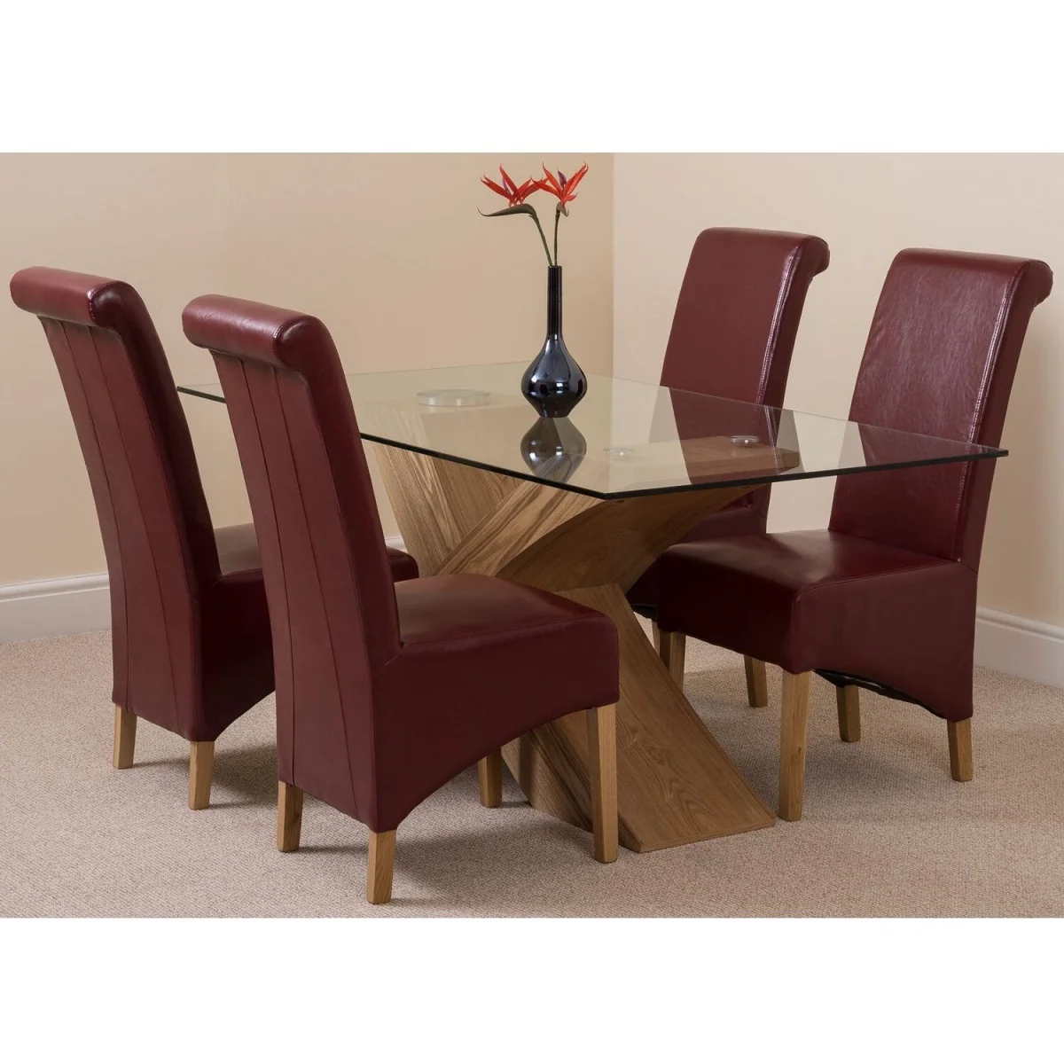 Valencia 160 cm x 90 cm Glass Dining Table & 4 Chairs Dining Set - Montana Burgundy Leather Chairs - Red – image 15