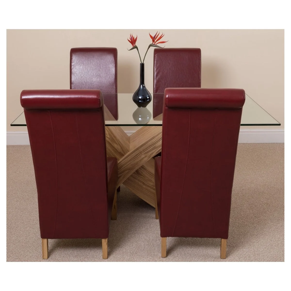 Valencia 160 cm x 90 cm Glass Dining Table & 4 Chairs Dining Set - Montana Burgundy Leather Chairs - Red – image 16