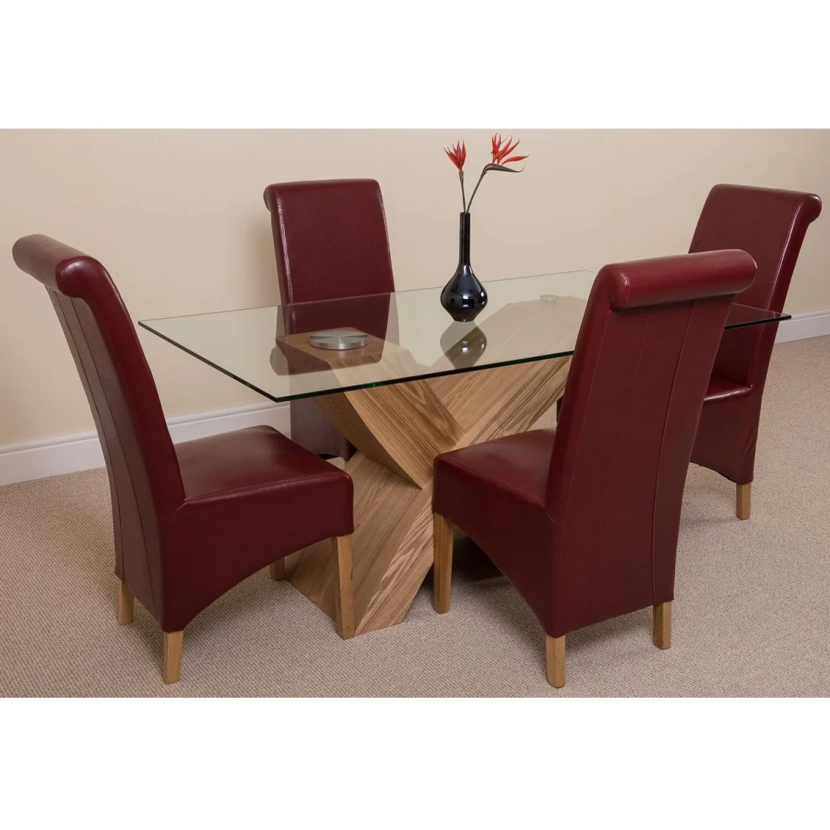 Valencia 160 cm x 90 cm Glass Dining Table & 4 Chairs Dining Set - Montana Burgundy Leather Chairs - Red – image 17