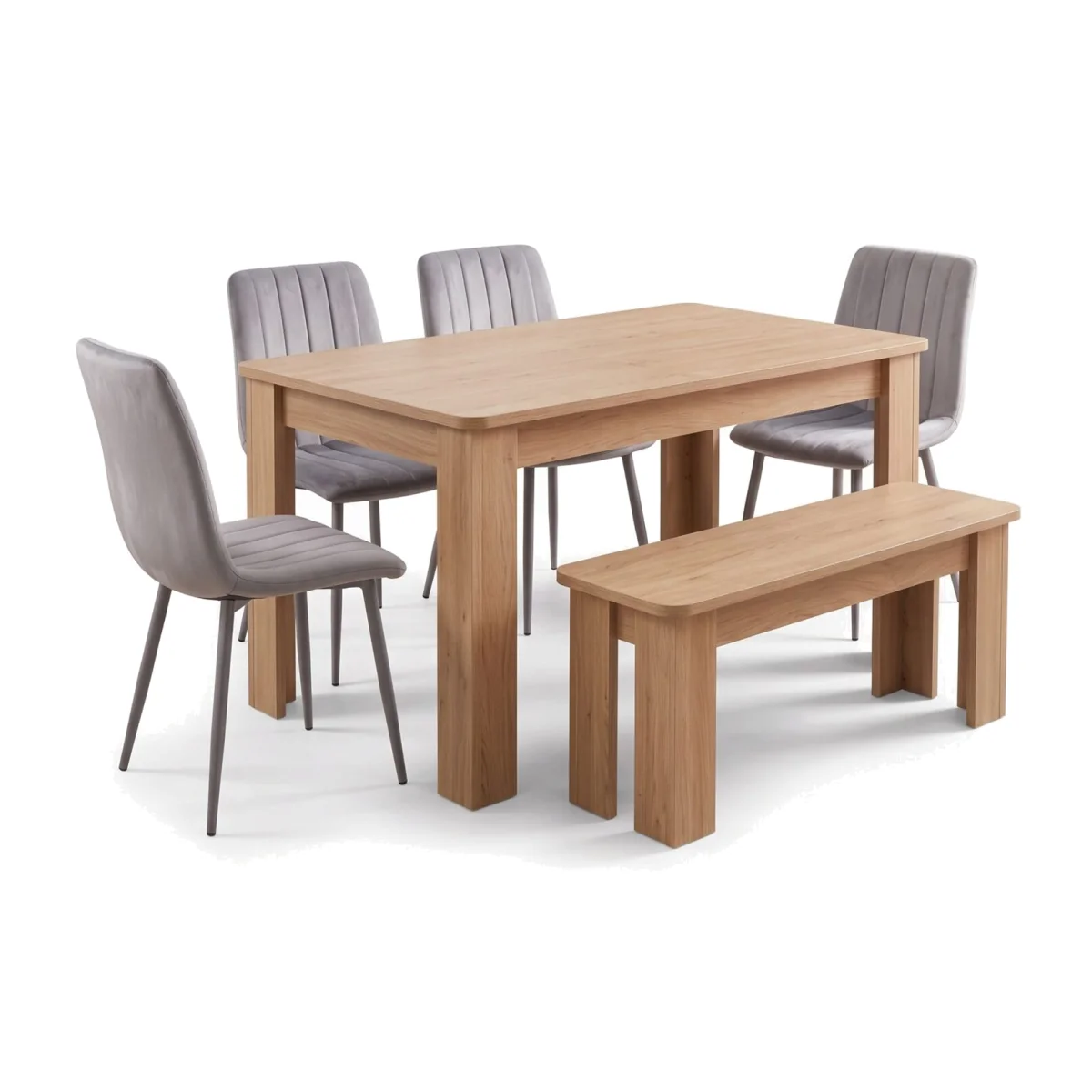 Oak Effect Dining Table Set with 4 Grey Velvet Chairs and Oak Effect Bench 6 Seater - Grey – image 1