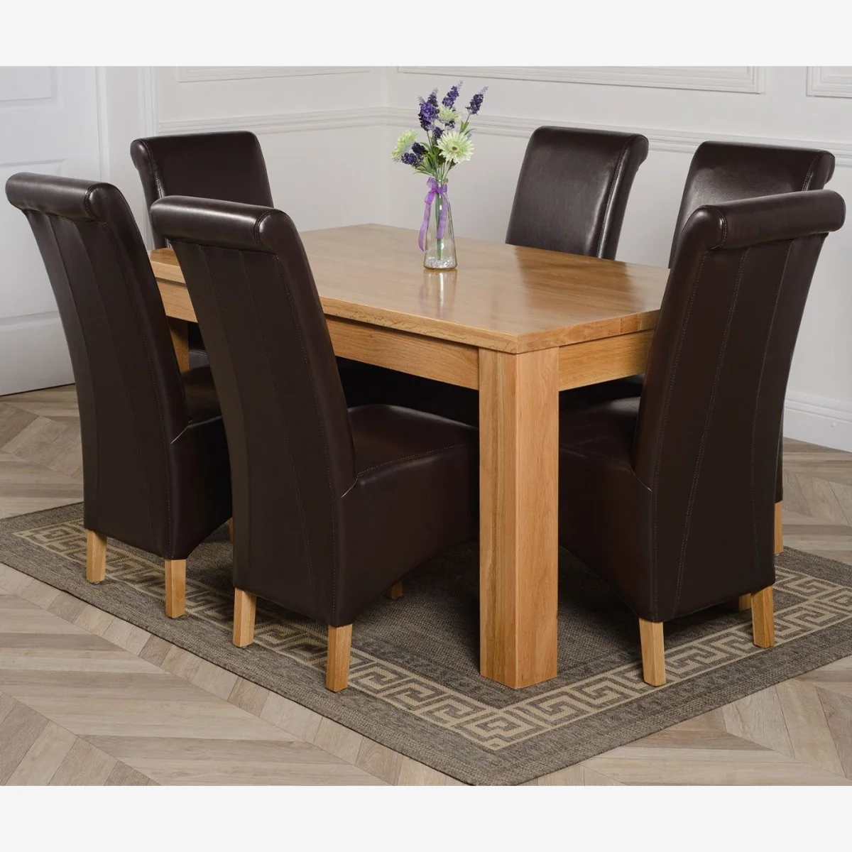 Dakot 152 x 87cm Medium Oak Dining Table and 6 Montana Leather Chairs - Brown – image 1