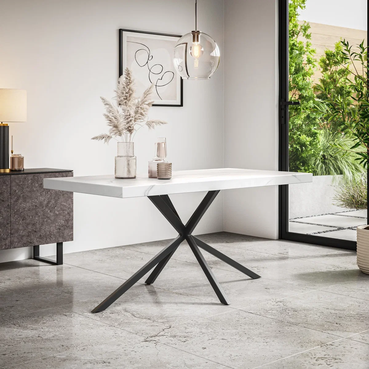 Donni White Marble Top Rectangle Dining Table & 4 Raye Velvet Chairs - Mustard – image 2