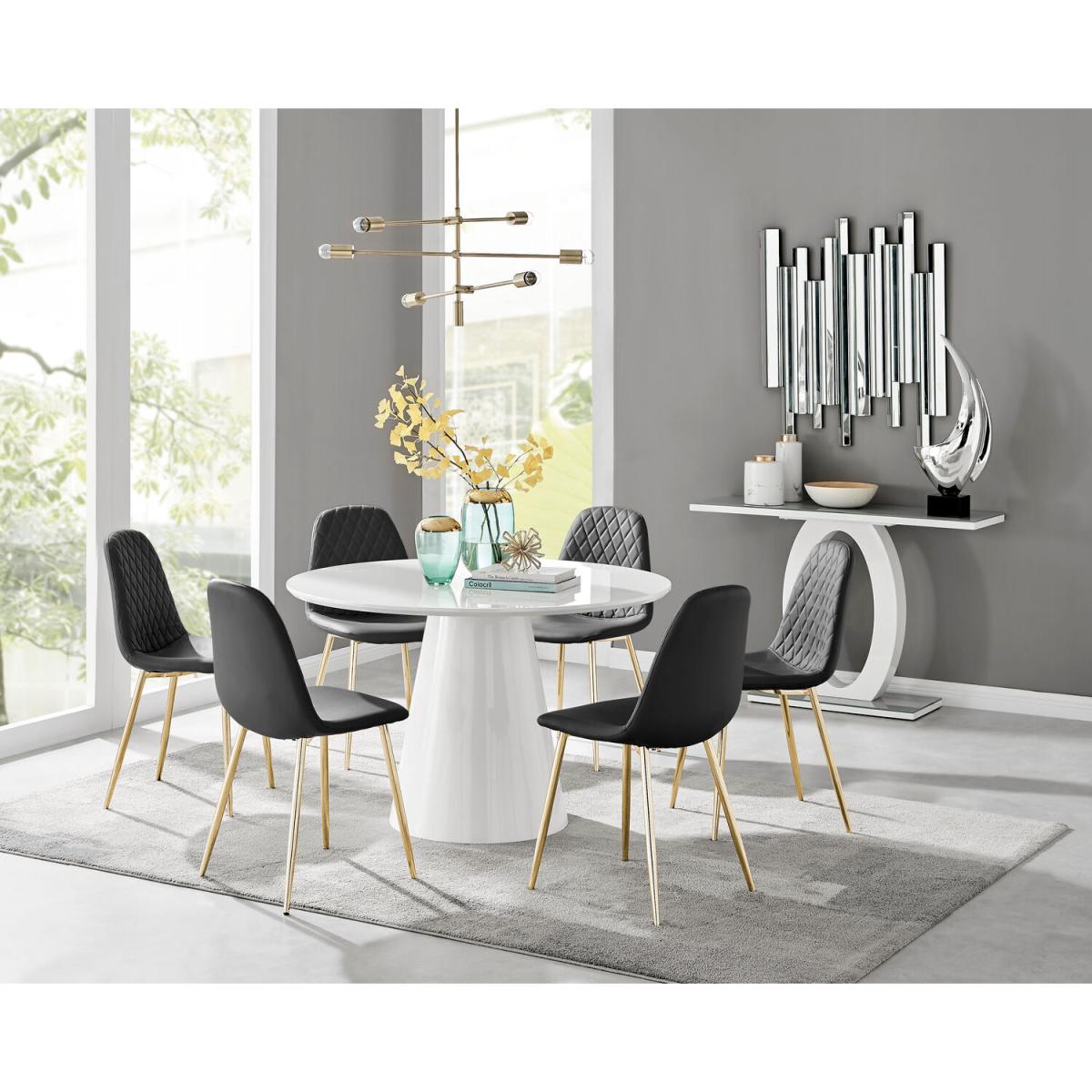 Palma White High Gloss Round Dining Table and 6 Corona Gold Leg Chairs - Black – image 15