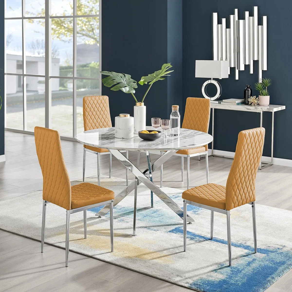 Novara White Marble Effect 120cm Dining Table 4 Milan Chrome Leg Chairs - Mustard – image 1