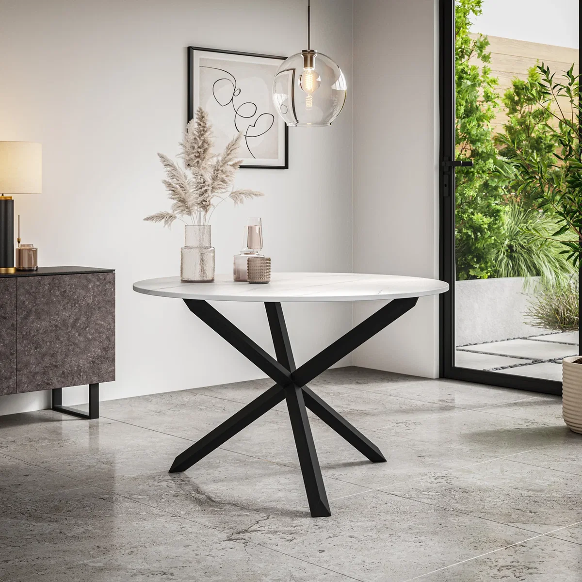 Malvern Marble Effect Top Round Dining Table & 4 Raye Velvet Chairs - Green – image 3