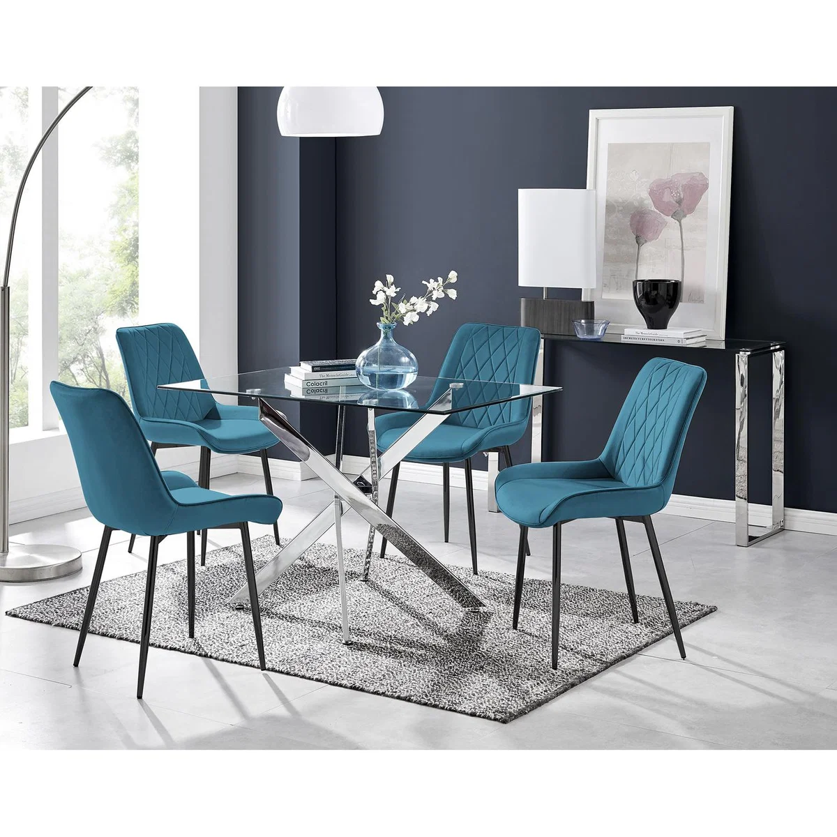 Leonardo 4 Table and 4 Pesaro Black Leg Chairs - Blue – image 17