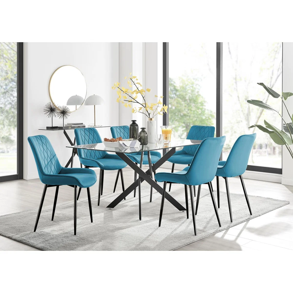 Leonardo Black Leg Glass Dining Table 6 Pesaro Black Leg Chairs - Blue – image 11