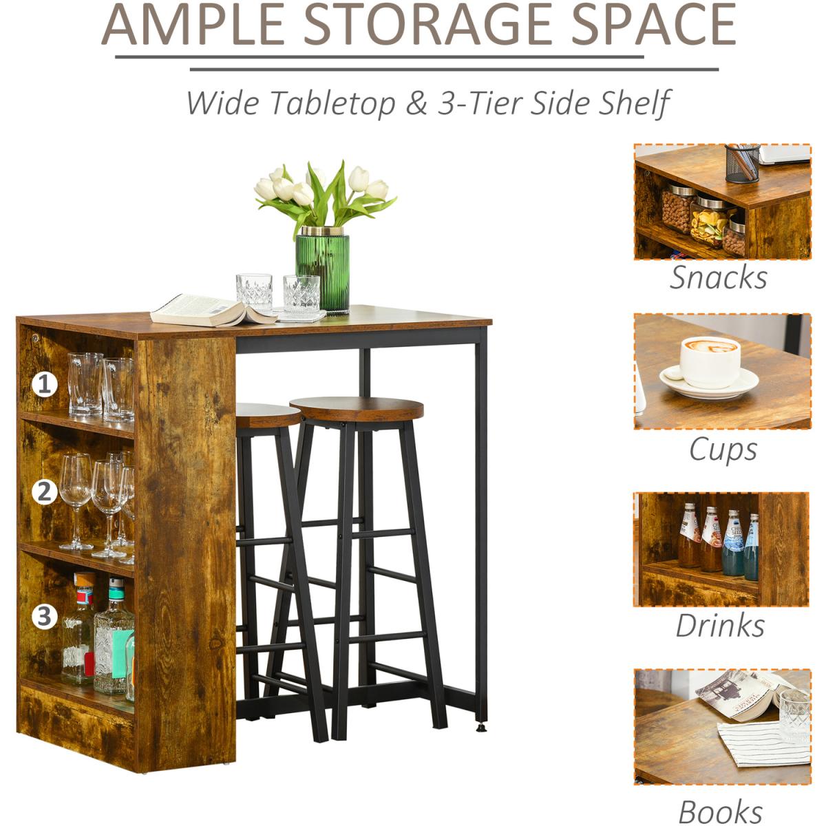 3 Pieces Bar Table Set Pub Dining Table Set with Storage Shelf and 2 Stools - Rustic brown – image 4