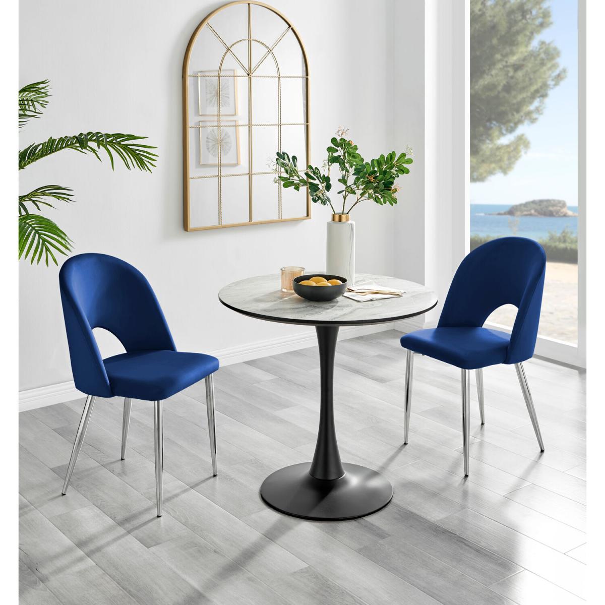 Elina White Marble Effect Round Dining Table and 2 Arlon Silver Leg Chairs - Blue – image 7