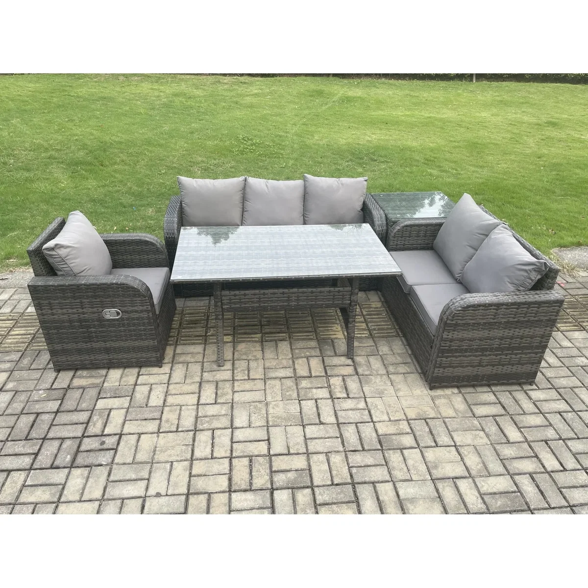 Fimous 6-Seater Rattan Dining Set with Reclining Chairs & Side Table - Dark Grey – image 3