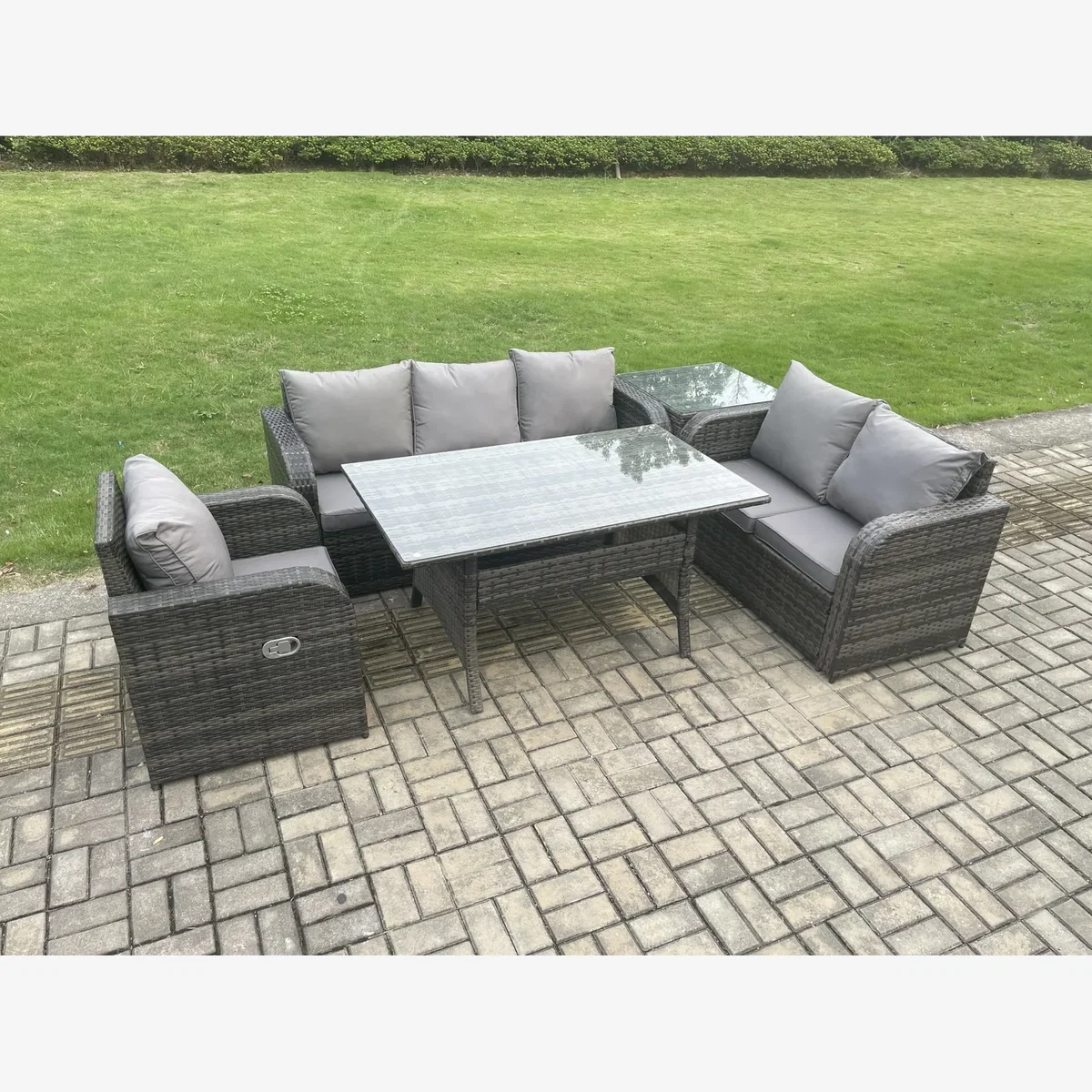 Fimous 6-Seater Rattan Dining Set with Reclining Chairs & Side Table - Dark Grey – image 1