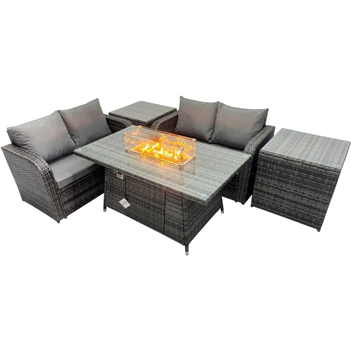 Fimous 4-Seater Patio Rattan Dining Set with Gas Fire Pit and 2 Side Tables Dark Grey Mixed - Dark grey mixed rattan with dark grey fabric – image 3