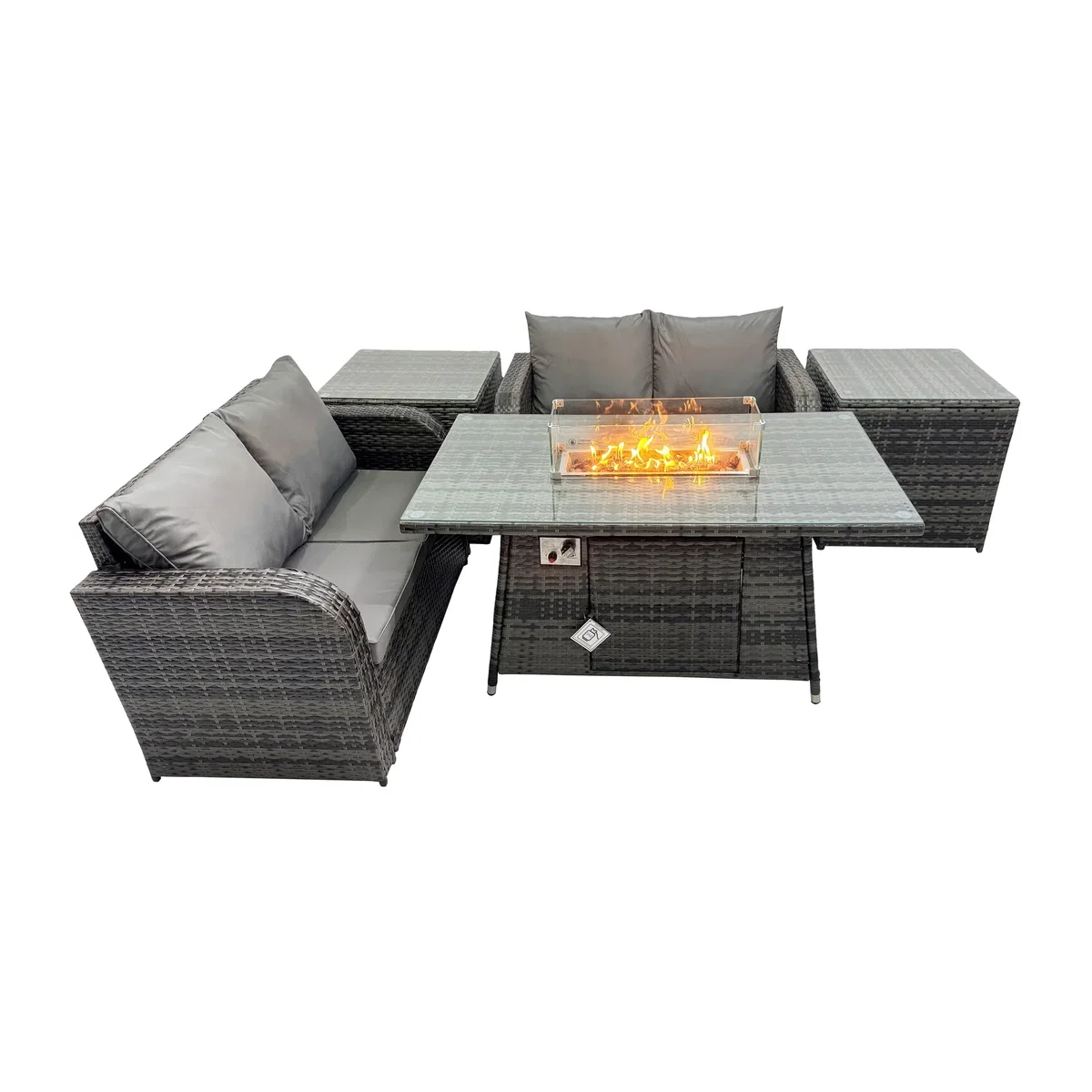 Fimous 4-Seater Patio Rattan Dining Set with Gas Fire Pit and 2 Side Tables Dark Grey Mixed - Dark grey mixed rattan with dark grey fabric – image 1