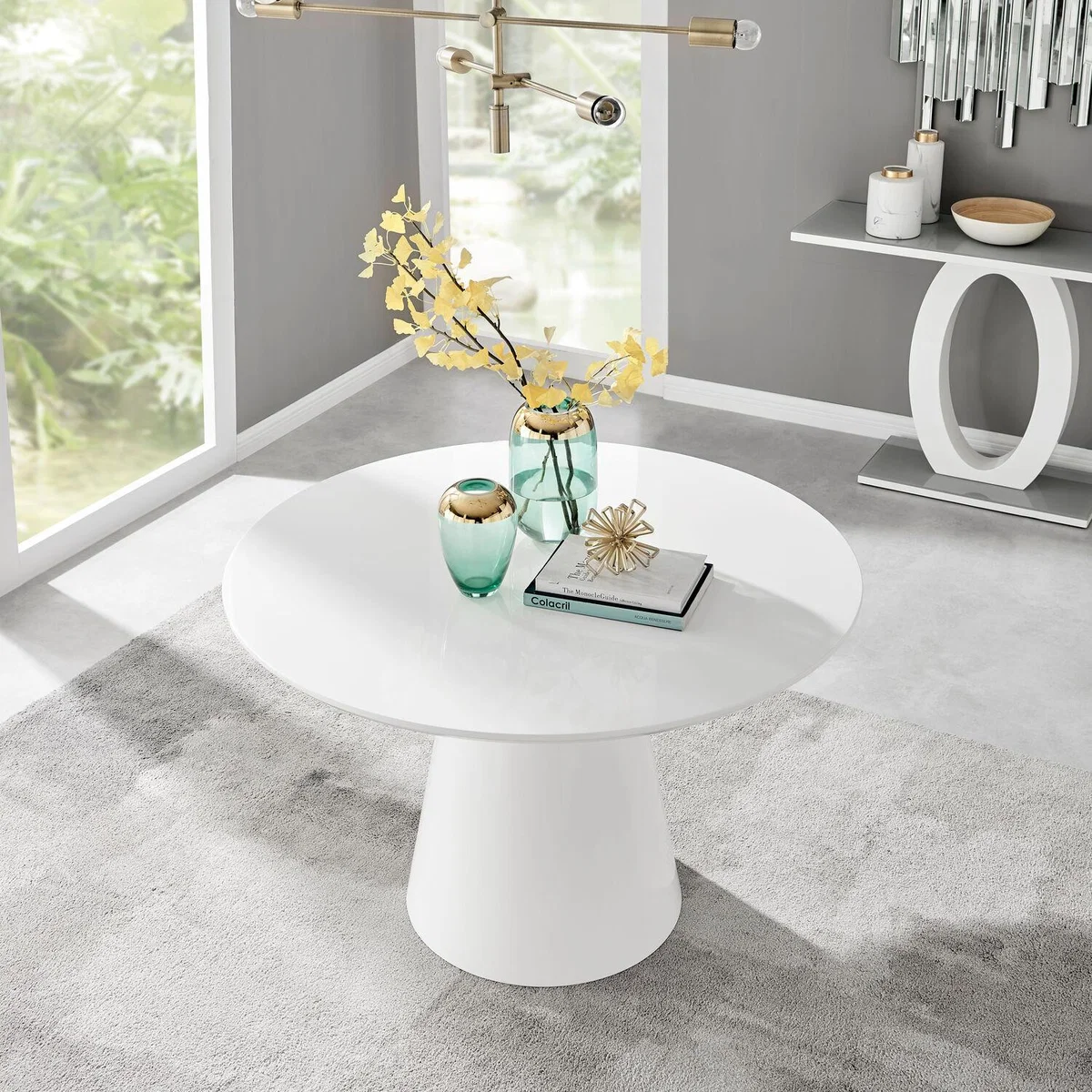 Palma White High Gloss Round Dining Table and 6 Milan Chrome Leg Chairs - Cappuccino – image 13