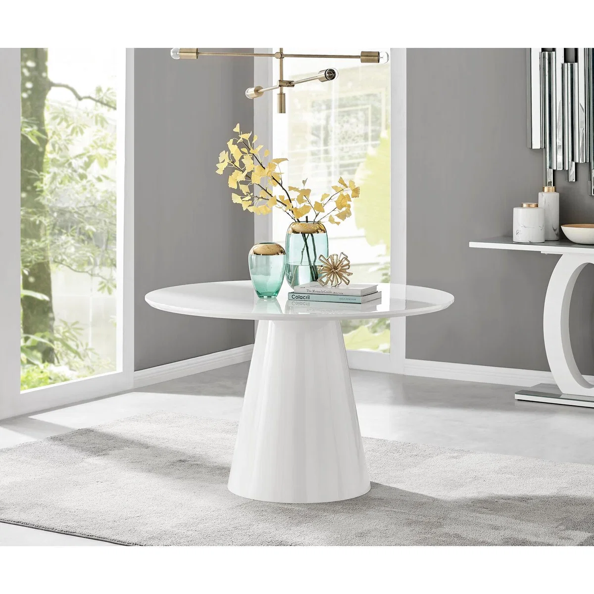Palma White High Gloss Round Dining Table and 6 Milan Chrome Leg Chairs - Cappuccino – image 9