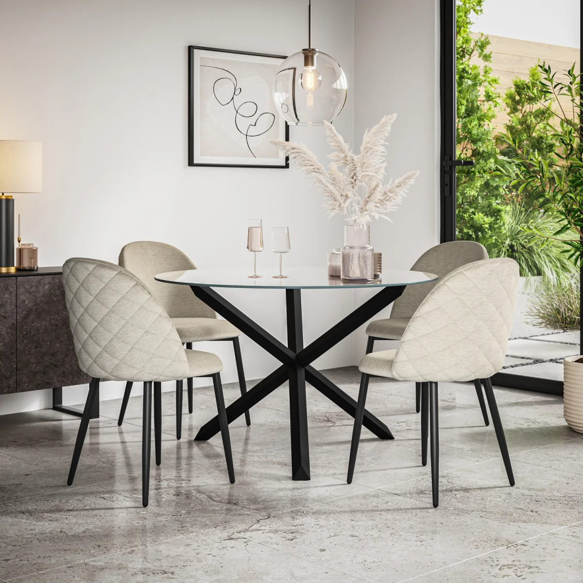 Malvern Glass Top Round Dining Table & 6 Raye Velvet Chairs - Green – image 15
