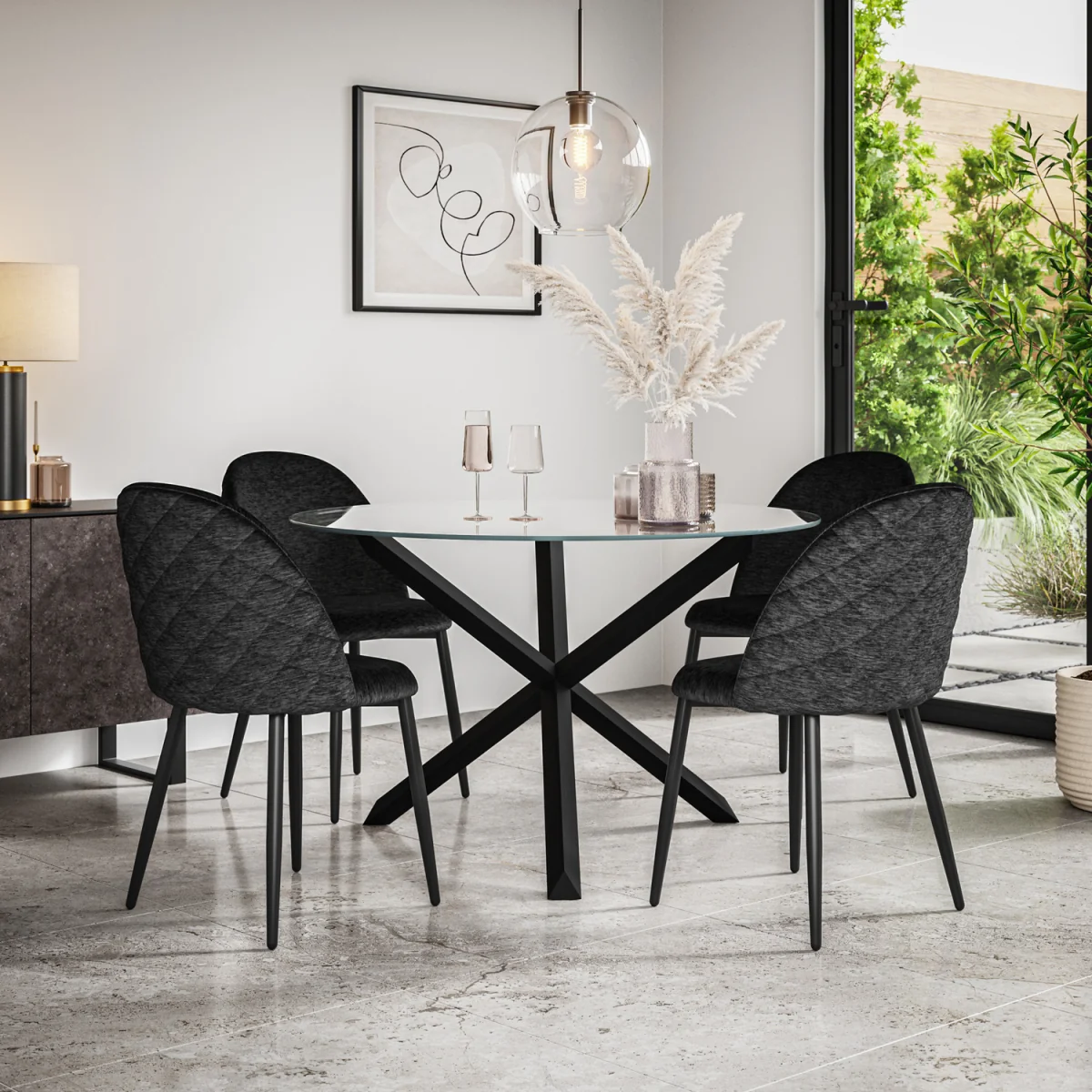 Malvern Glass Top Round Dining Table & 6 Raye Velvet Chairs - Green – image 20