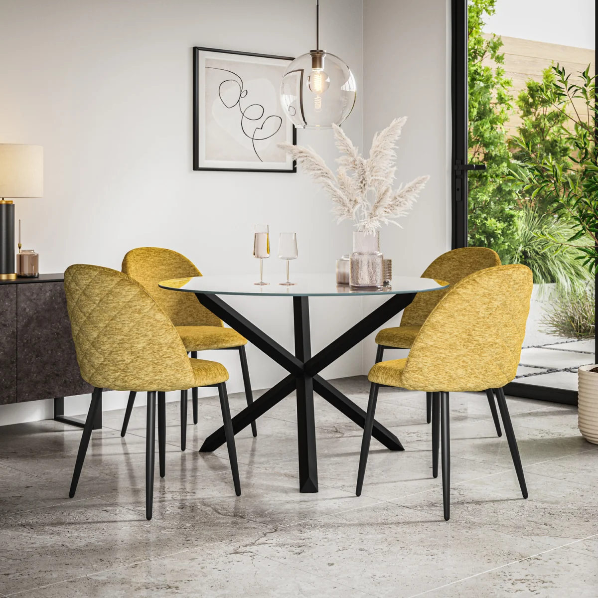 Malvern Glass Top Round Dining Table & 6 Raye Velvet Chairs - Green – image 10