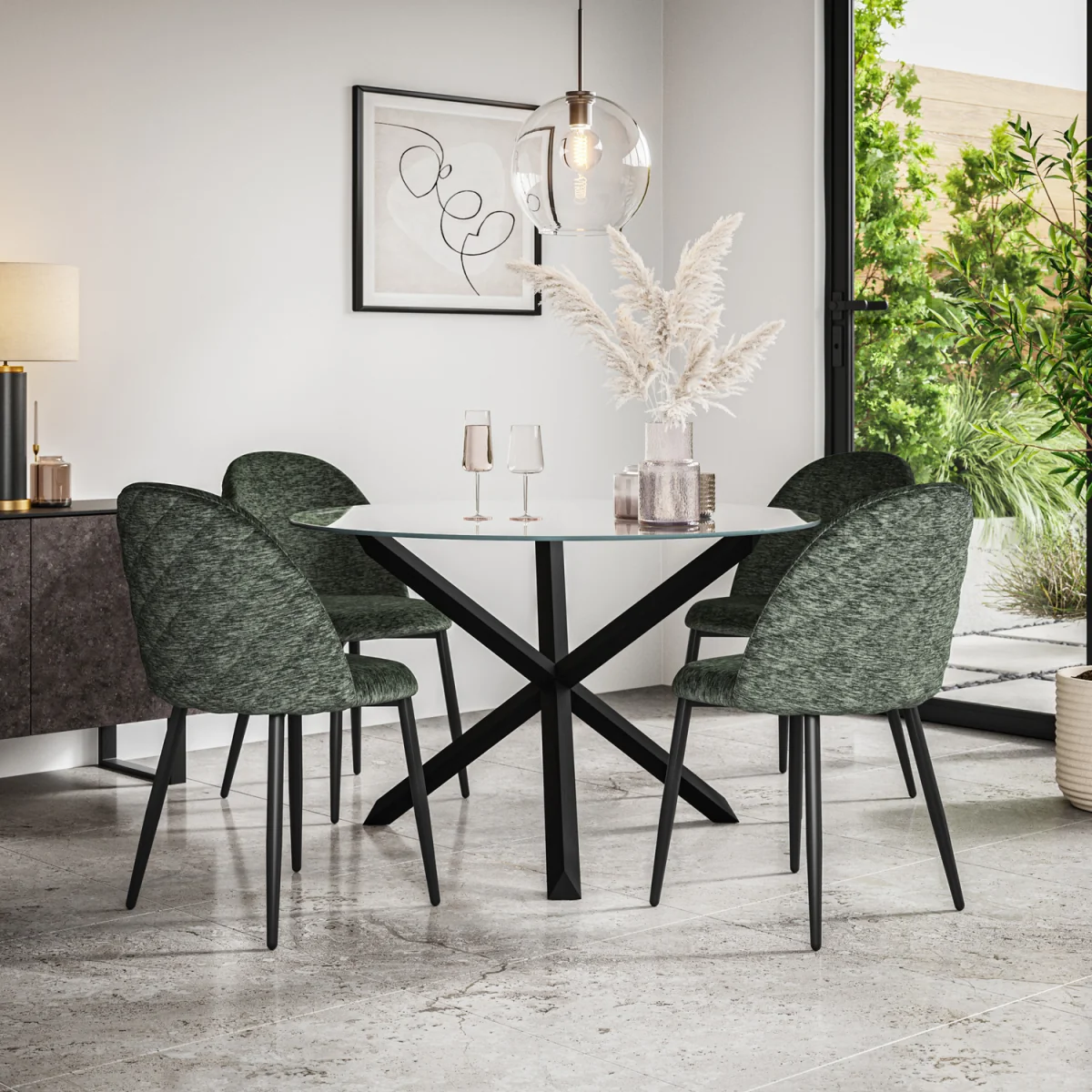 Malvern Glass Top Round Dining Table & 6 Raye Velvet Chairs - Green – image 1