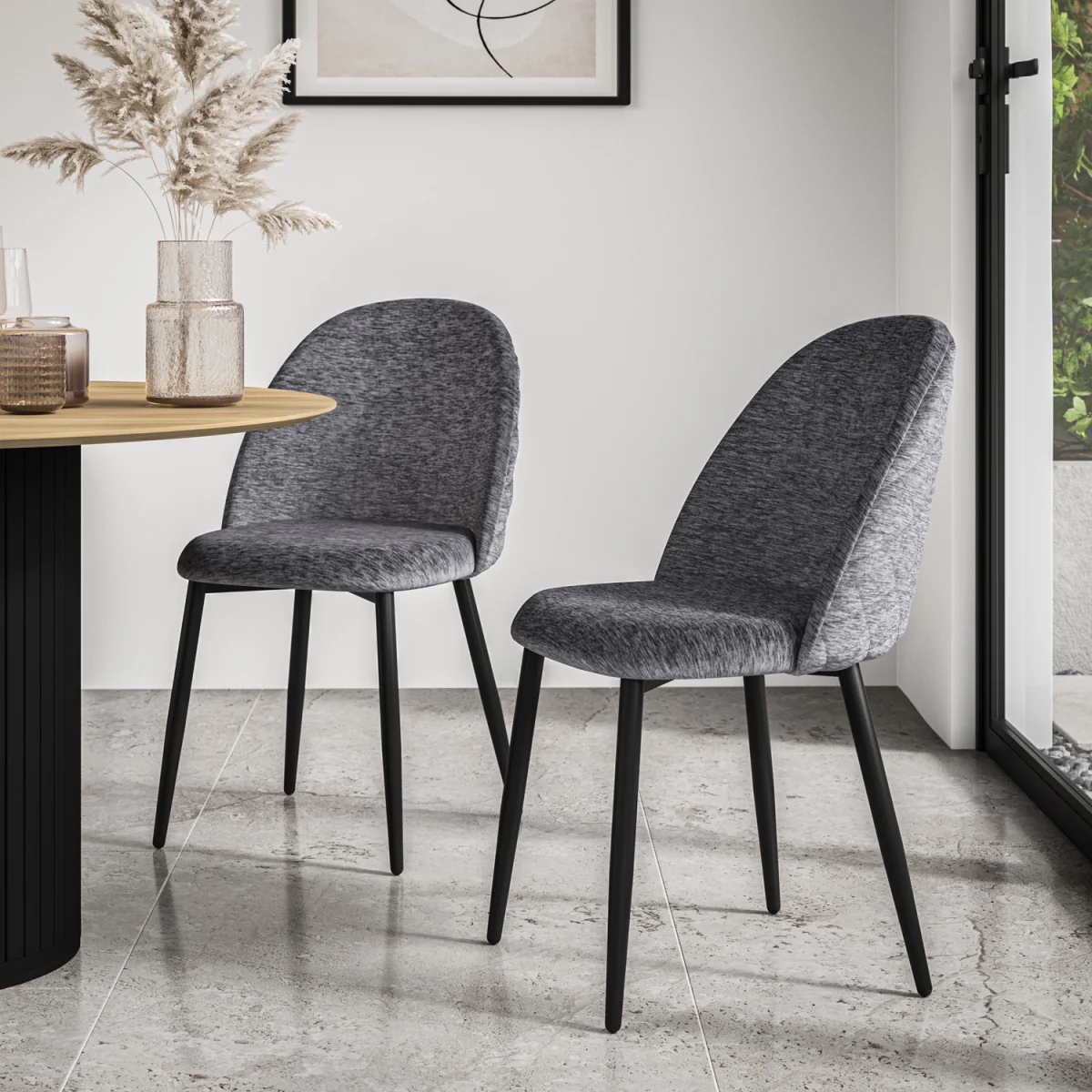 Malvern Oak Effect Top Round Dining Table & 4 Raye Velvet Chairs - Grey – image 2
