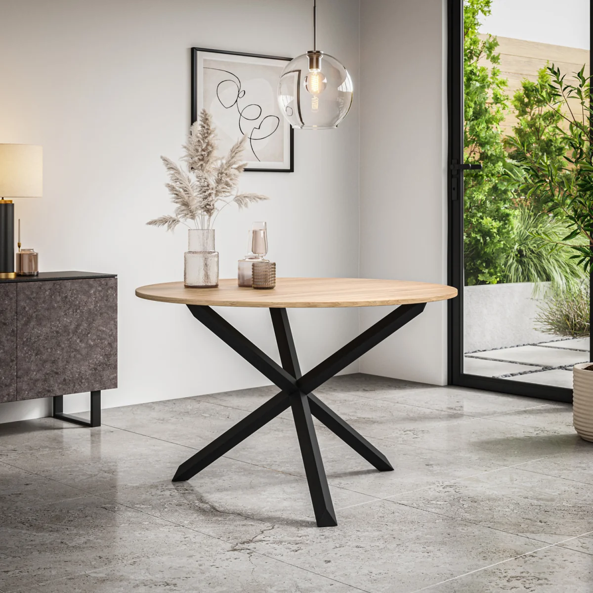 Malvern Oak Effect Top Round Dining Table & 4 Raye Velvet Chairs - Grey – image 3