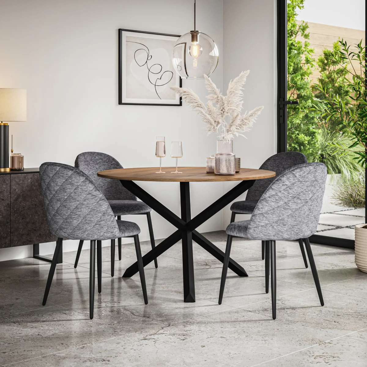 Malvern Oak Effect Top Round Dining Table & 4 Raye Velvet Chairs - Grey – image 1