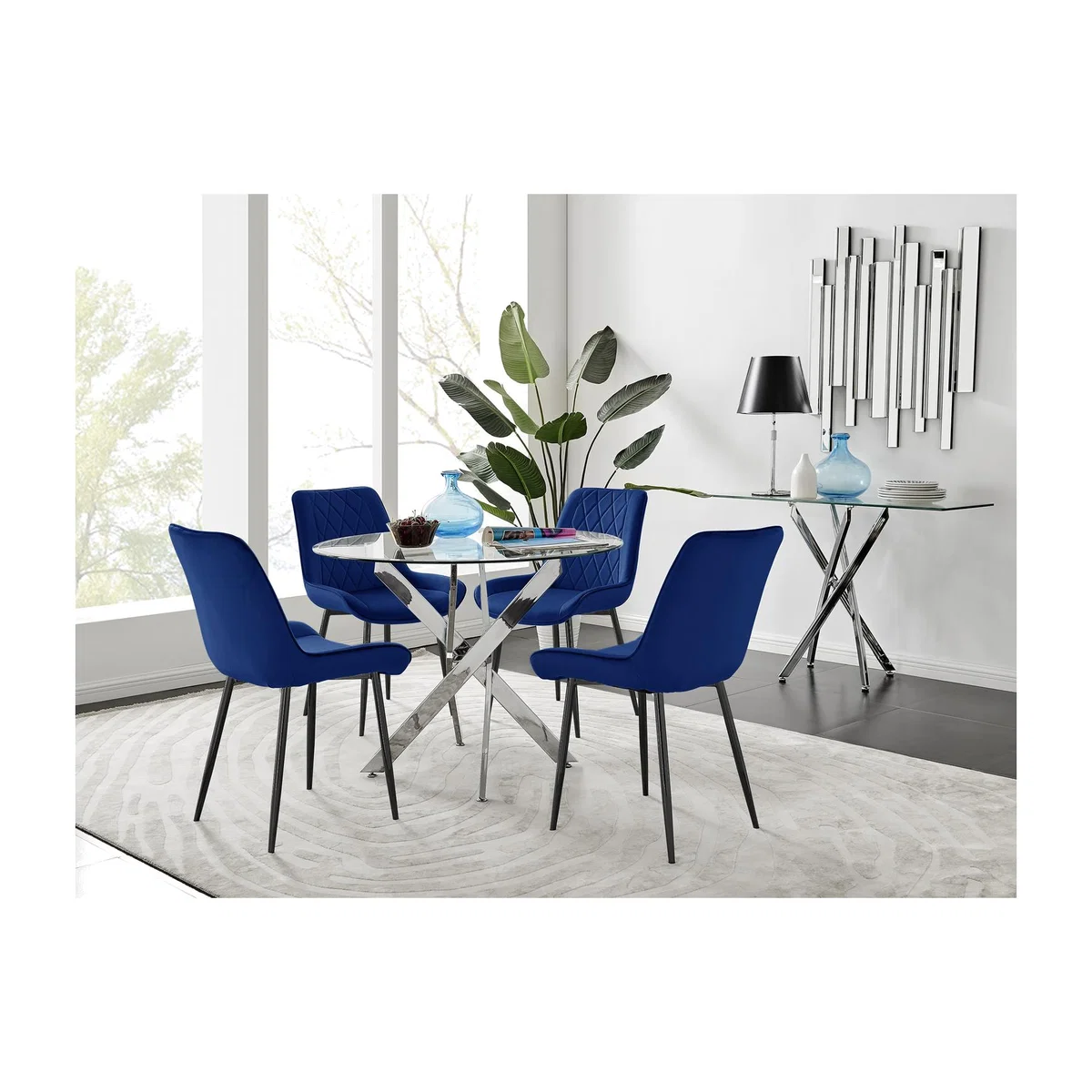 Novara 100cm Round Dining Table and 4 Pesaro Black Leg Chairs - Blue – image 1