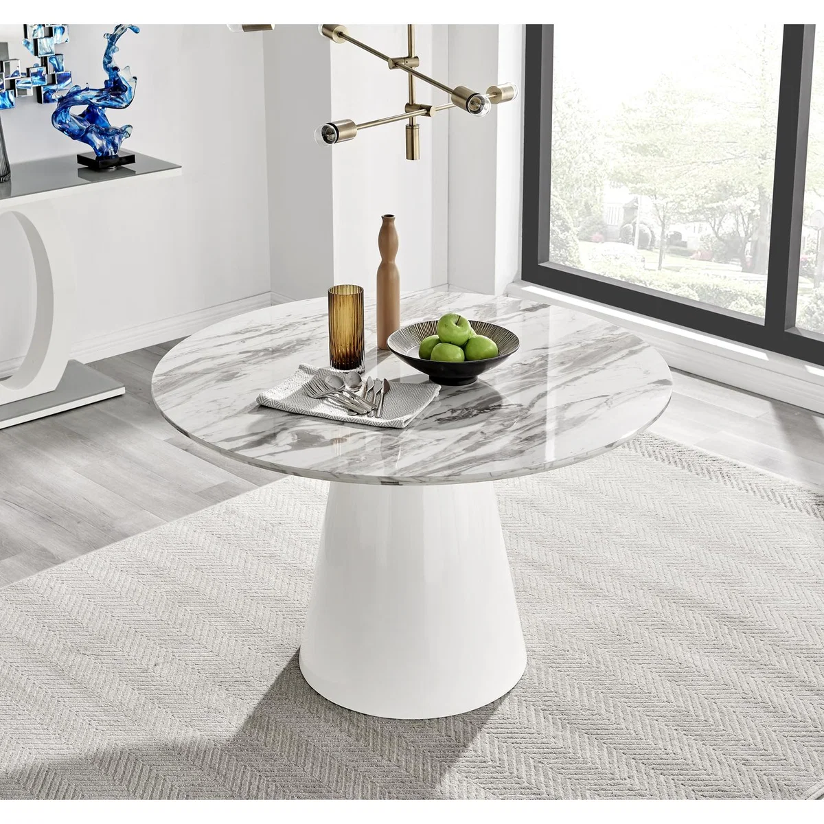 Palma White Marble Effect Dining Table and 4 Milan Chrome Leg Chairs - Mustard – image 10