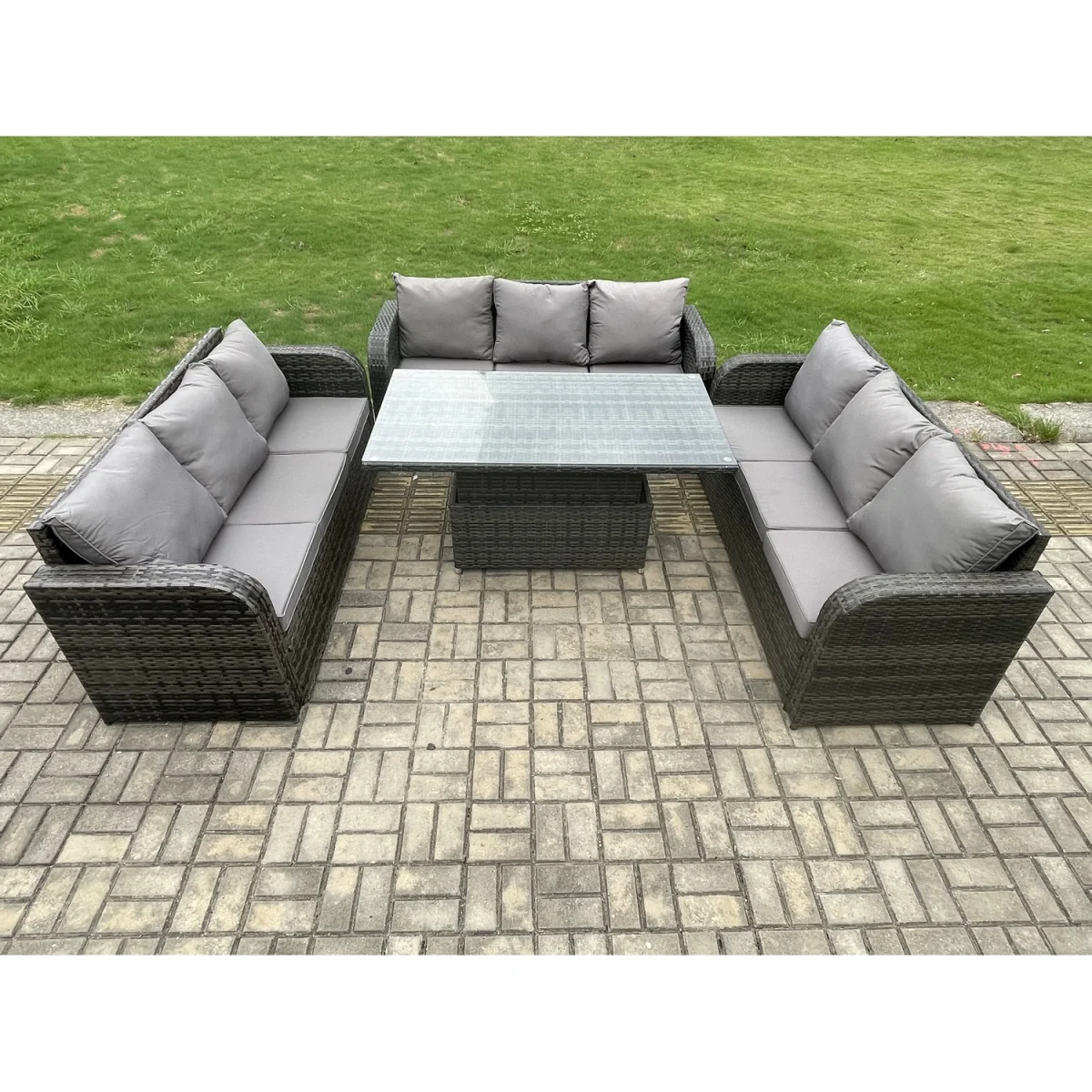 Fimous 9-Seater Patio Rattan Dining Set with Height-Adjustable Lifting Table. - Dark Grey – image 2