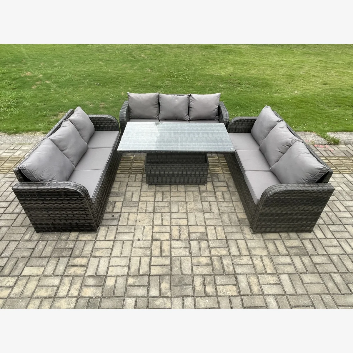 Fimous 9-Seater Patio Rattan Dining Set with Height-Adjustable Lifting Table. - Dark Grey – image 1
