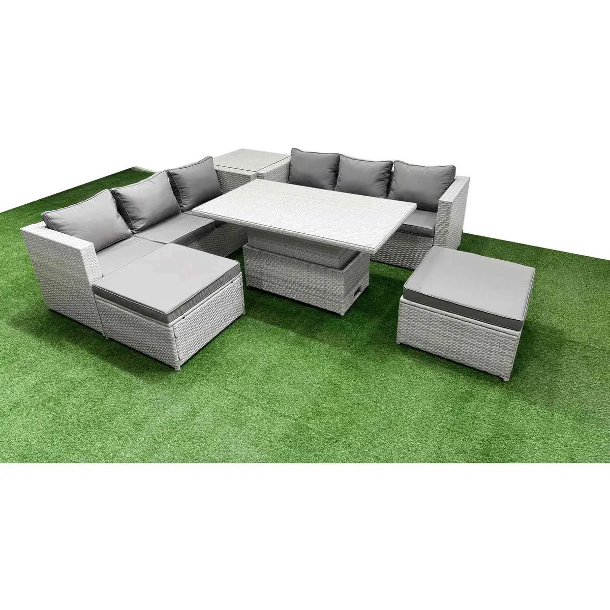 Fimous 6pc Rattan Rising Dining Set with 3-Seater Sofa, 2 Stools & Side Table - Light grey mixed rattan with dark grey fabric – image 4