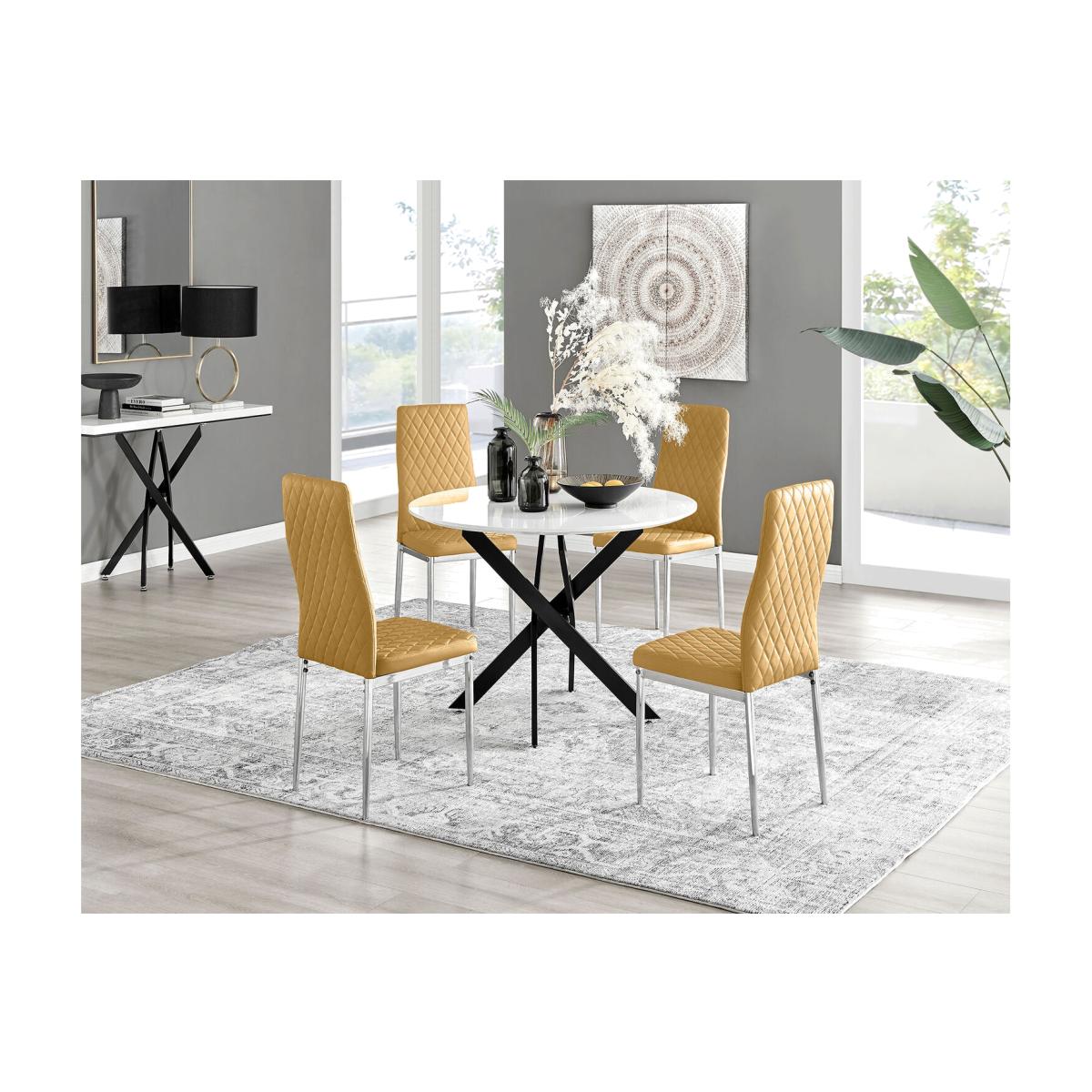Novara White Gloss Black Leg Round Dining Table and 4 Velvet Milan Chairs - Mustard