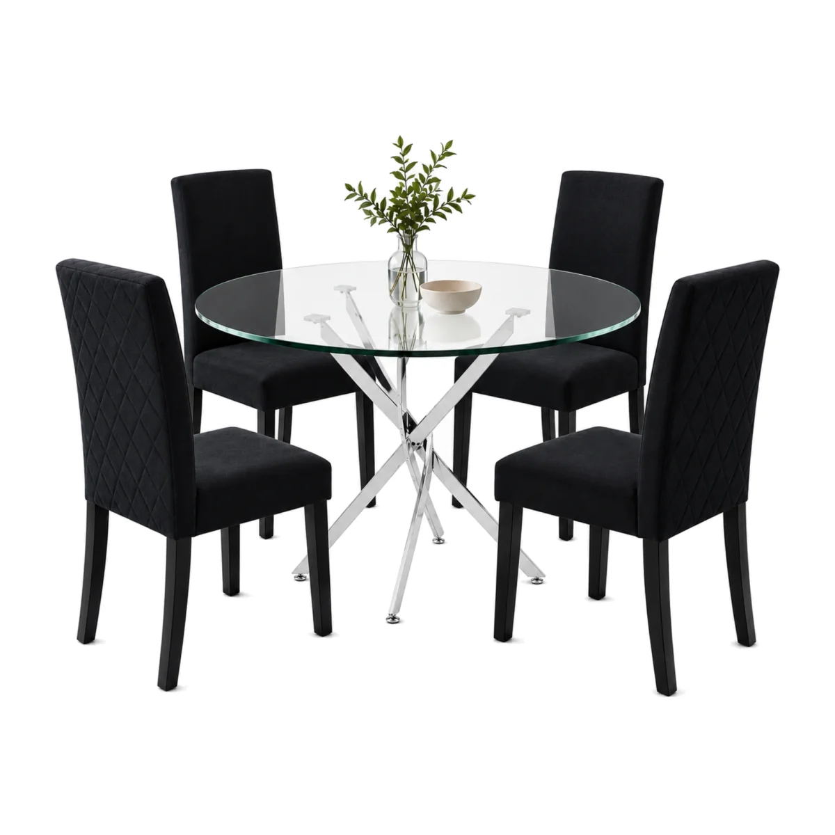 Round Glass Dining Table Set with 4 Black Diamond Stitch Velvet Chairs with Wooden Legs - Black – image 1