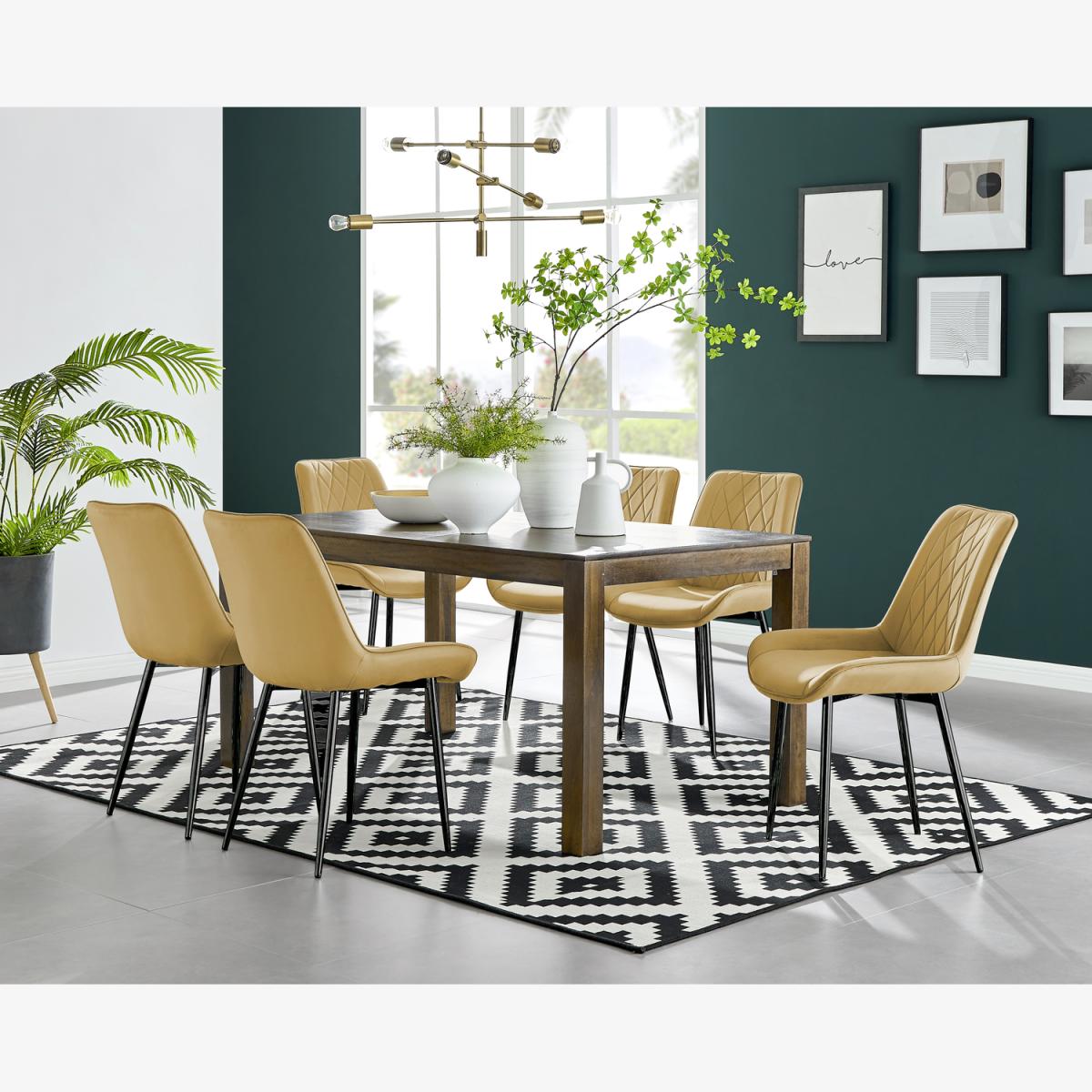 Anders Dark Walnut Wood Dining Table and 6 Pesaro Black Leg Chairs - Mustard – image 1