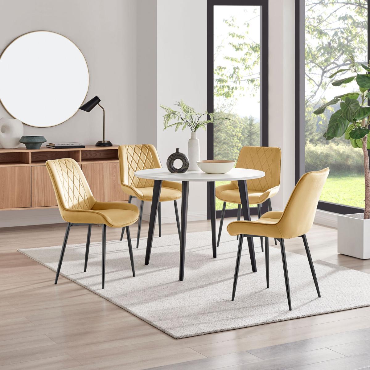 Koko White Melamine Round Dining Table And 4 Pesaro Black Leg Chairs - Mustard
