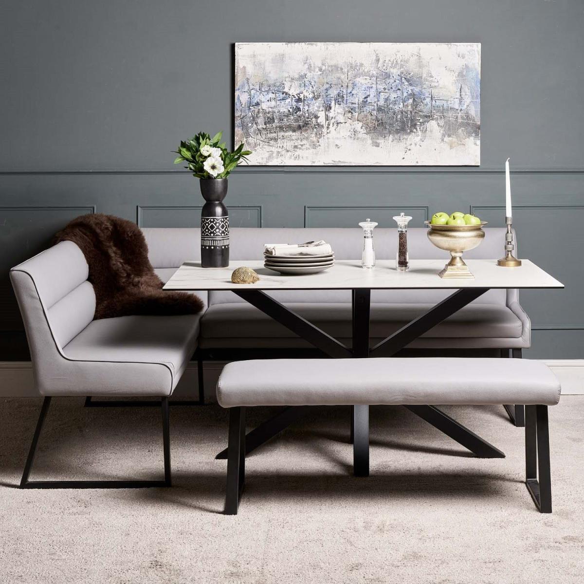 Eastcote White 150cm Dining Table and Paulo Corner Bench RHF and Low Bench - Grey – image 1