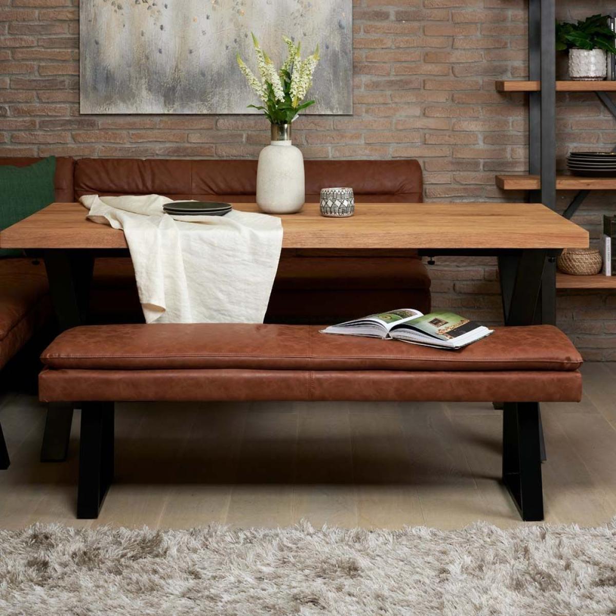 Industrial Oak Dining Table 190cm Corner Bench Ripley x2 Tan – image 6