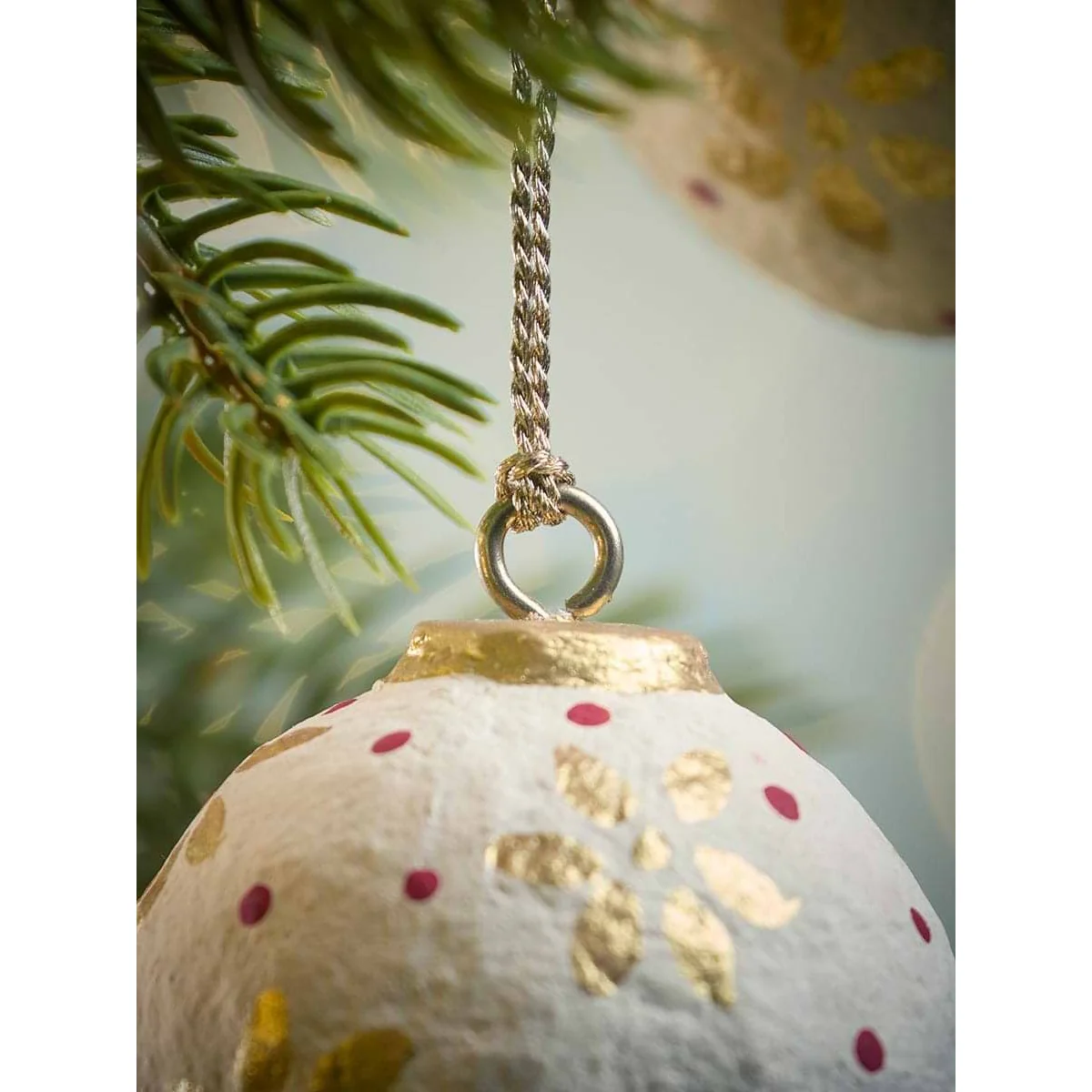 Four Handpainted Flower Paper Mache Baubles - White – image 2