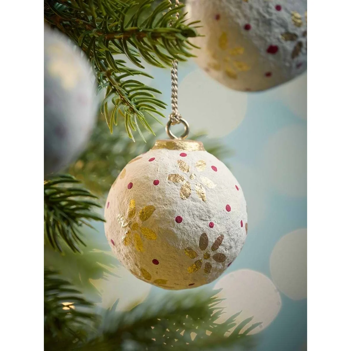 Four Handpainted Flower Paper Mache Baubles - White – image 3