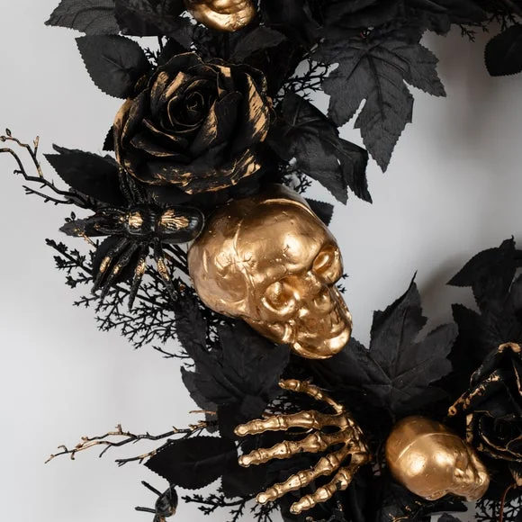Artificial Black Rose and Gold Skull Wreath – image 2