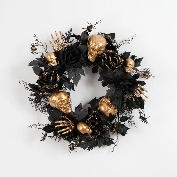Artificial Black Rose and Gold Skull Wreath – image 3